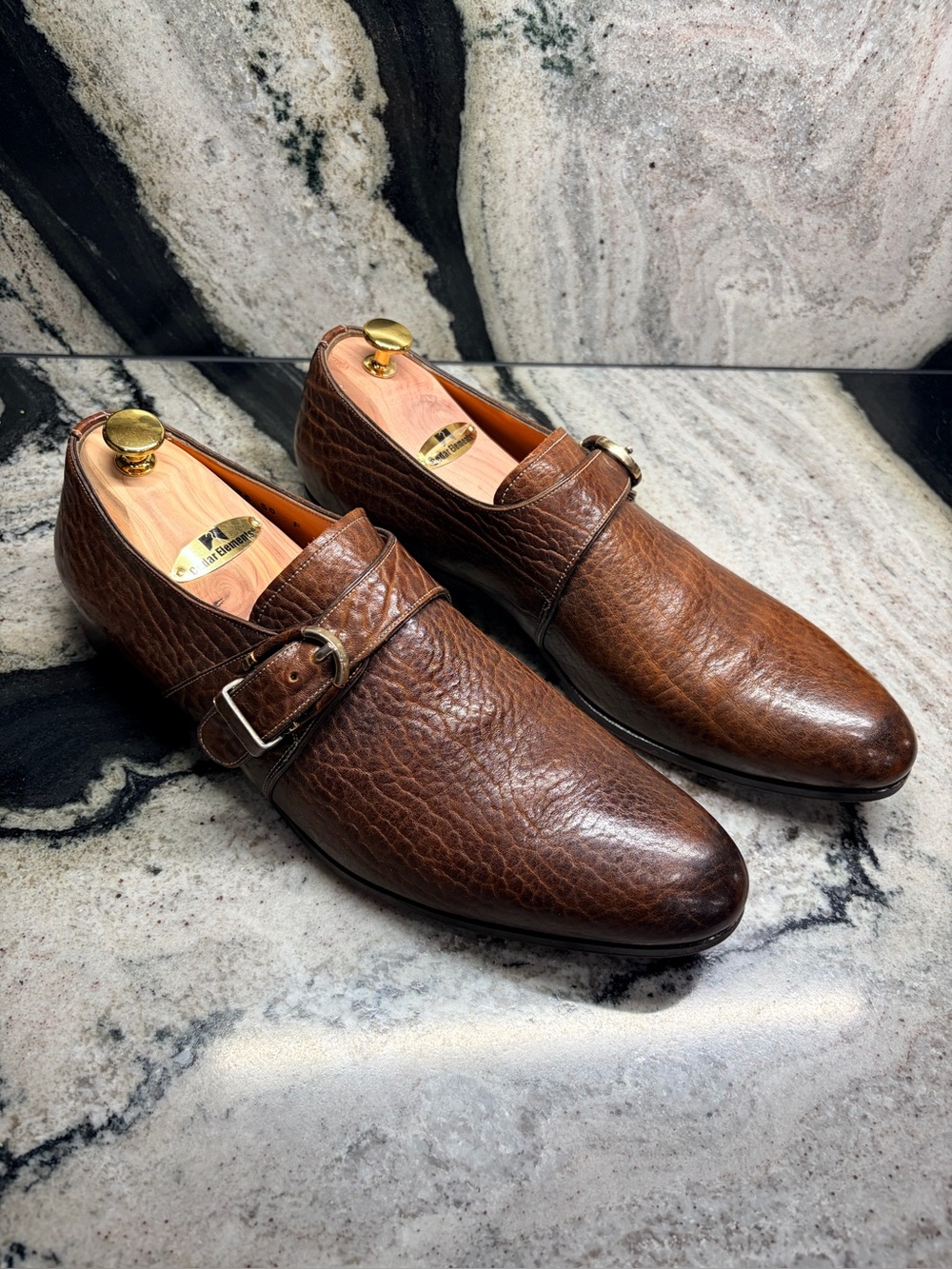 Santoni Fatte a Mano Brown Textured Leather Single Monk Strap Shoes 8.5 UK 9.5 U